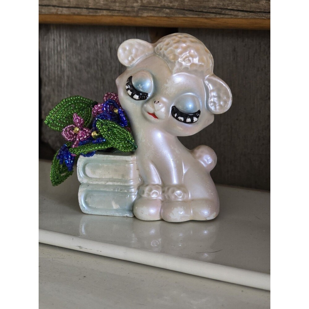 Vintage Eyelash Pink Poodle Blue Books Toothpick Holder Japan Kitsch MCM Ceramic